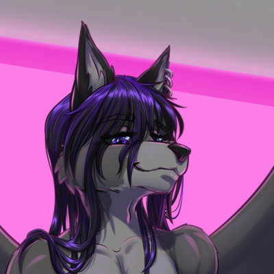 Shini — wolf/dragon hybrid system mascot with violet eyes